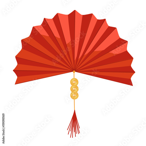 Chinese red fan with lucky coins isolated on white background. Vector hand drawn traditional Lunar New Year illustration. Light festival oriental decoration of china culture. Asian traditions.