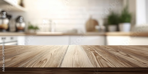 Wooden Tabletop in Blurred Kitchen Composition  Wood Grain  Mockup  Kitchen Interior  Product Placement Kitchen Mockup  Product Display
