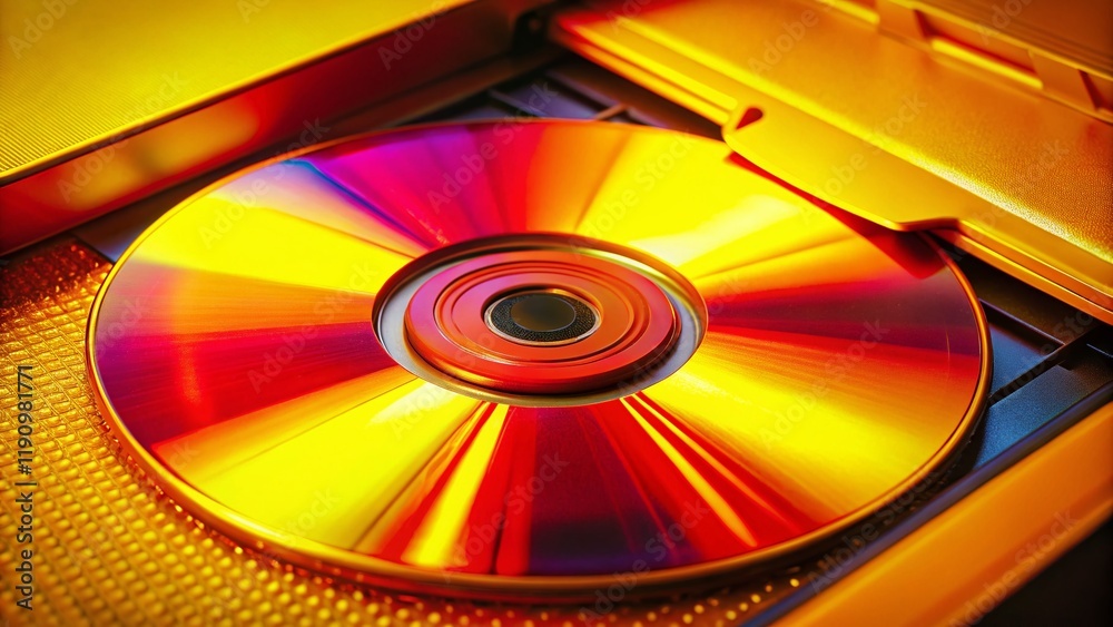 Red CD in Yellow CD-ROM Drive - Close-up Architectural Photography Red CD in Yellow CD-ROM Drive - Close-up Architectural Photography