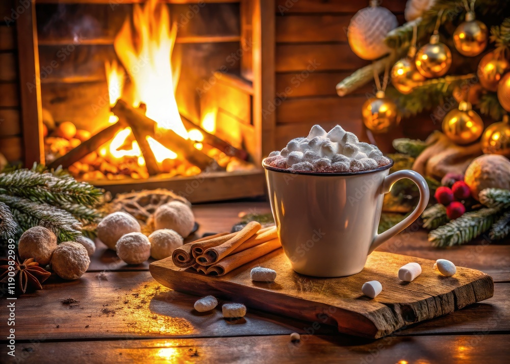 Fototapeta premium Winter warmth: crackling fireplace, steaming hot chocolate, melting marshmallows, cinnamon spice.
