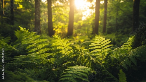 Sunlight Filtering Through Lush Forest Ferns photo