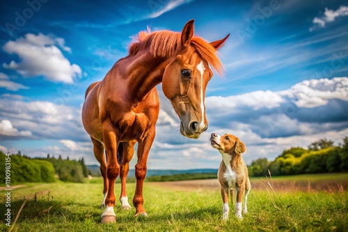 Red Horse and Small Dog Best Friends: Adorable Animal Companionship Stock Photo
