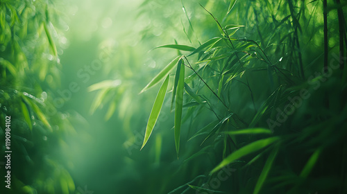 A bamboo forest in Arashiyama, Kyoto, with towering green stalks creating a serene pathway as the background, during a quiet misty morning