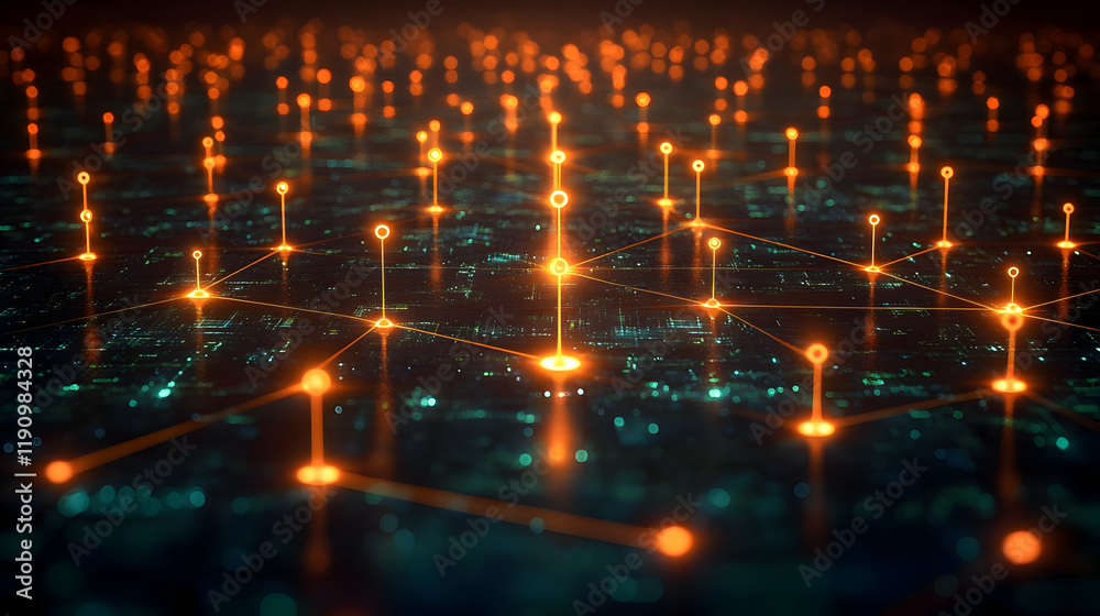 Fototapeta premium Abstract Futuristic Cityscape Network: Glowing Orange and Teal Digital Connections