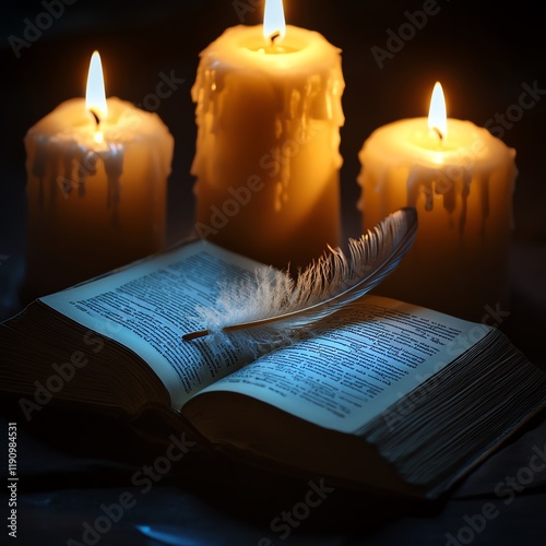 A dimly lit scene featuring an open book, a quill feather, and three lit candles, creating a tranquil, nostalgic ambiance. photo