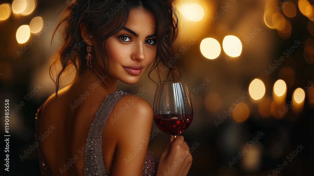 Model in backless dress enjoys wine at an elegant evening gathering Model in backless dress enjoys wine at an elegant evening gathering