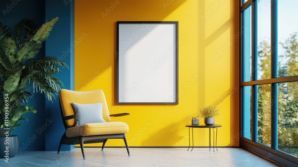 Fototapeta premium Modern Living Room Interior Design with Yellow and Blue Walls, Armchair, and Blank Frame Mockup