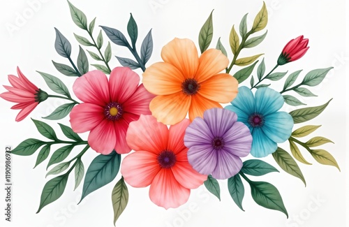 Colorful floral arrangement. Watercolor illustration displays vibrant flowers in various shades of pink orange purple, teal. Decorative arrangement perfect for spring summer. Ideal for Mother Day