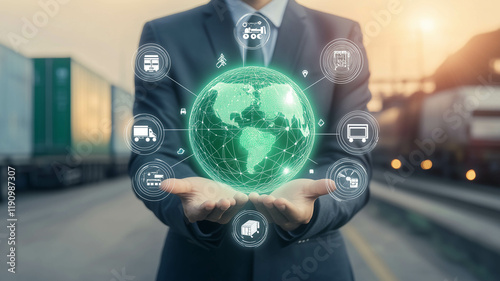 A Businessman Holding a Glowing Globe Surrounded by an Aura of Light and Innovation