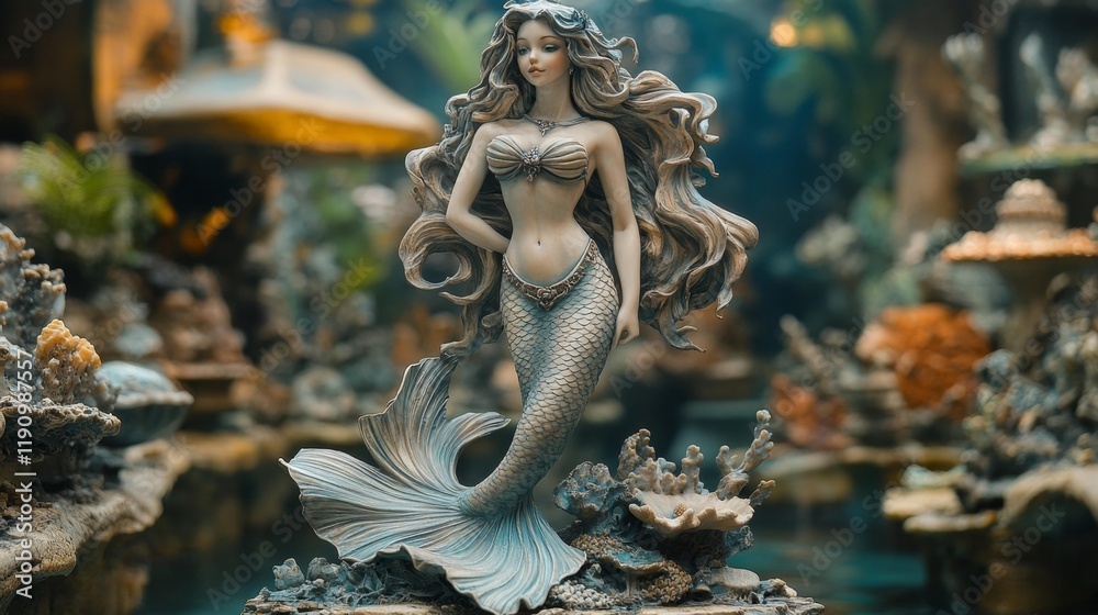 Obraz premium Detailed Mermaid Figurine in Mystical Underwater Setting. Generative AI