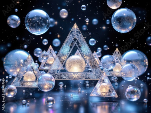 Mystical Geometric Universe with Crystal Pyramids and Floating Orbs