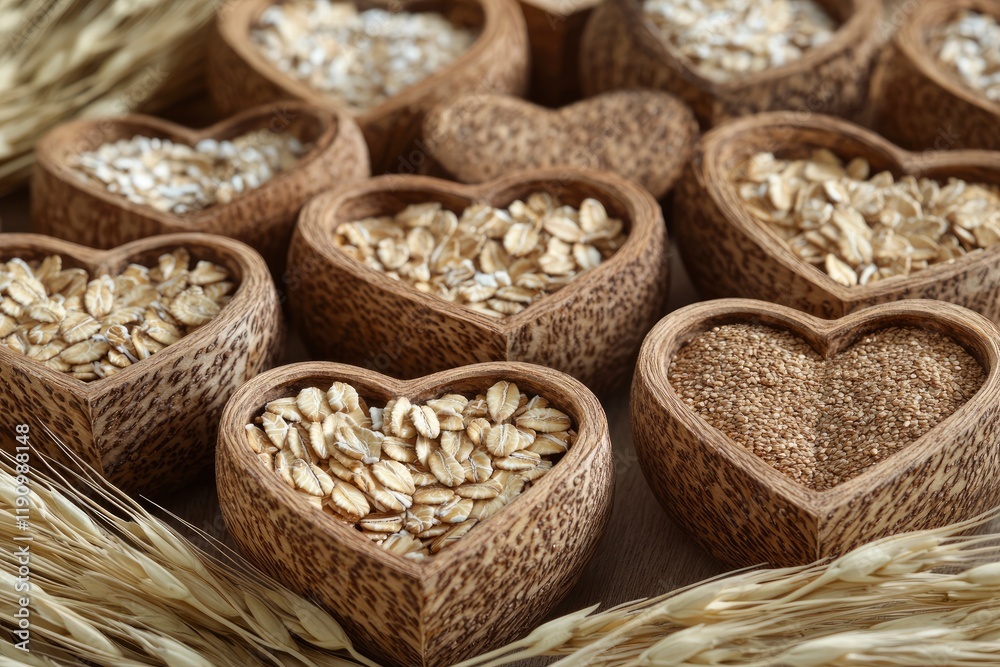 Oat groat health food cereal grain in heart shaped bowls with wheat sheaths forming an abstract background. Oat groat health food cereal grain in heart shaped bowls with wheat sheaths forming an abstract background.