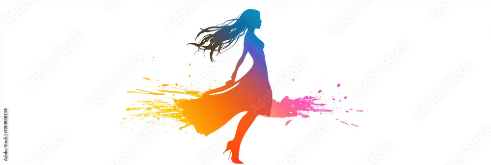 Obraz premium silhouette of woman in flowing dress with colorful paint splashes creates dynamic and artistic effect. vibrant colors and movement convey creativity and energy