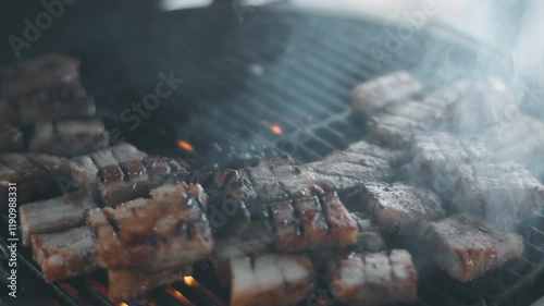 Meat on grill. Cooking Meat on Grill. Food