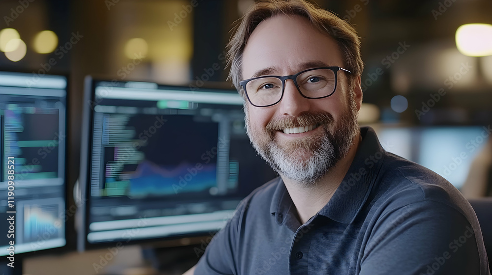 A smiling man with glasses working at his desk in a busy office with warm lighting A smiling man with glasses working at his desk in a busy office with warm lighting