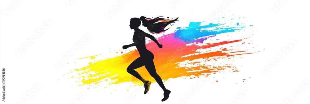 Naklejka premium Silhouette of woman running with colorful paint splashes in background, symbolizing energy and movement. vibrant colors add dynamic and artistic touch to scene