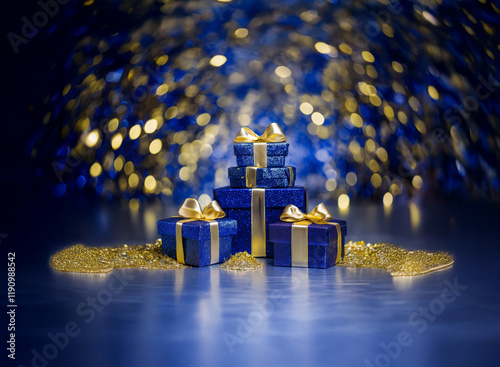 Blue and gold wrapped gifts sit on a reflective surface amidst scattered gold glitter against a sparkling blue and gold bokeh background.  A festive image ideal for holiday celebrations. photo