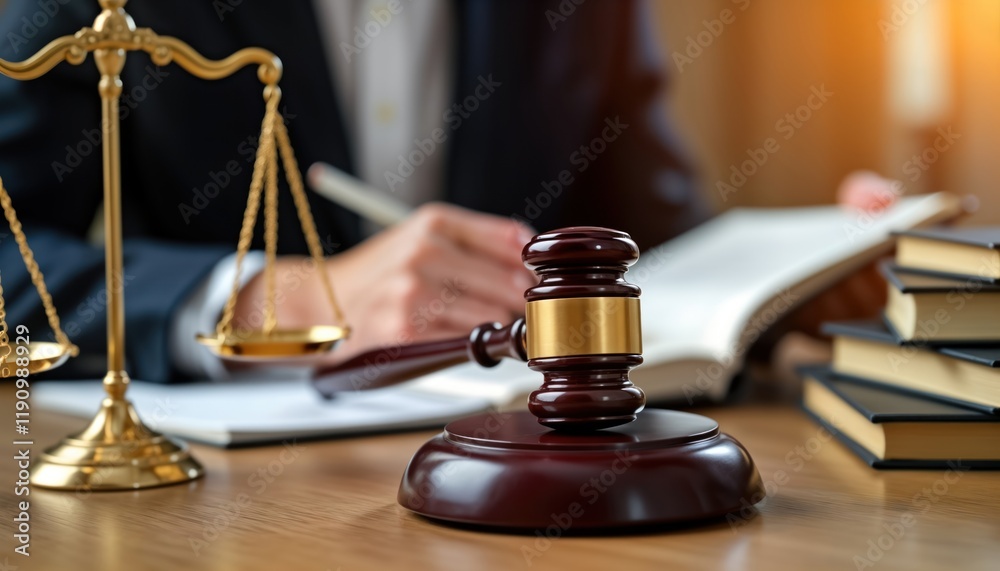 Lawyer works at desk with legal documents. Justice scales, judge gavel on table. Law books stacked behind papers. Focused pro work. Legal services concept image. Law office. Professional lawyer. Lawyer works at desk with legal documents. Justice scales, judge gavel on table. Law books stacked behind papers. Focused pro work. Legal services concept image. Law office. Professional lawyer.