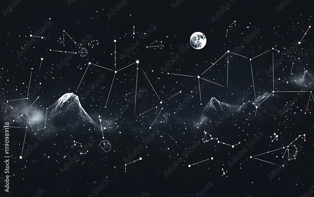 Night sky with constellations, moon, mountains, and Milky Way Night sky with constellations, moon, mountains, and Milky Way