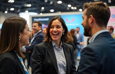 Startup business owner presenting at trade show. Happy, laughing people listen attentively. Group of people enjoying event. Lively atmosphere inside exhibition hall. Successful business concept.