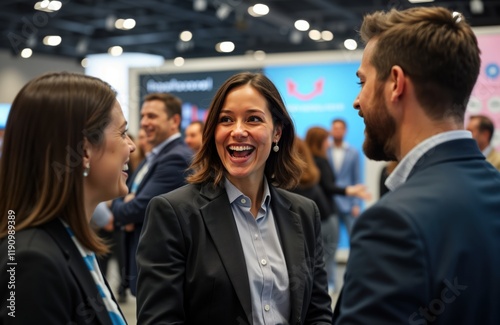 Startup business owner presenting at trade show. Happy, laughing people listen attentively. Group of people enjoying event. Lively atmosphere inside exhibition hall. Successful business concept.