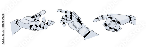 Set of Robotic arms in different gesture. Cyborg hands hand drawn outline sketch vector drawings isolated
