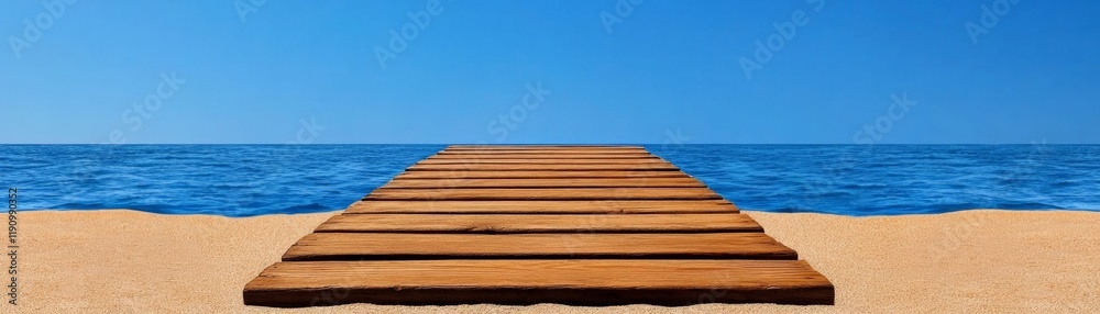 A Path to Serenity: A wooden pier extends into the cerulean ocean, inviting you to step off the sandy shore and embrace the tranquility of the vast waters. A Path to Serenity: A wooden pier extends into the cerulean ocean, inviting you to step off the sandy shore and embrace the tranquility of the vast waters.