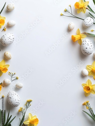 Minimalist Easter Frame with Fresh Daffodils and Decorative Eggs for Celebrating Chinese New Year and Spring Themes
