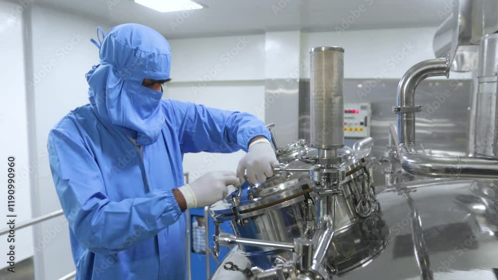pharmaceutical worker using large machine. person checking medicine liquid making vessel. medicine making factory. person wearing a ppe kit in a factory. healthcare concept. Pharmaceutical industry 