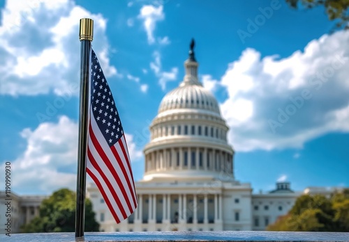 The American flag fluttering in front of the US Capitol building, with a blue sky and white clouds in the background.