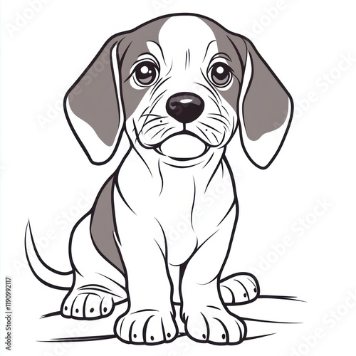 Adorable Beagle puppy sitting, line art, white background, coloring page photo