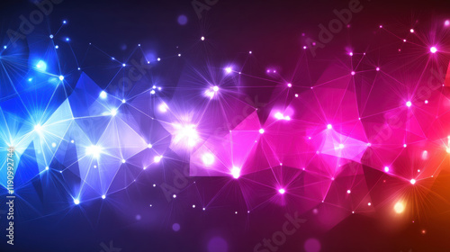 vibrant abstract background with interconnected geometric shapes and glowing lights in shades of blue, purple, and pink, creating dynamic and futuristic atmosphere