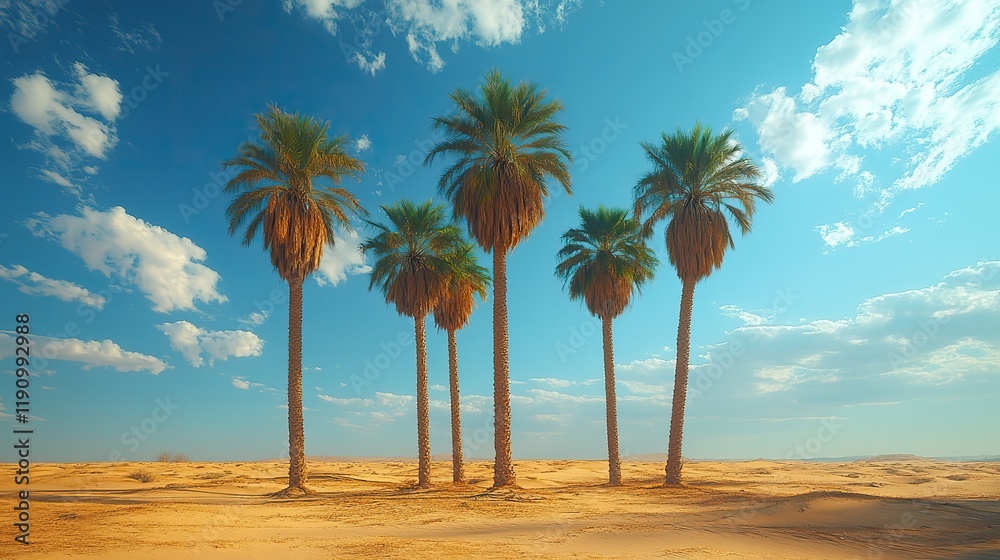 Fototapeta premium Tall palm trees stand in the middle of a vast desert expanse