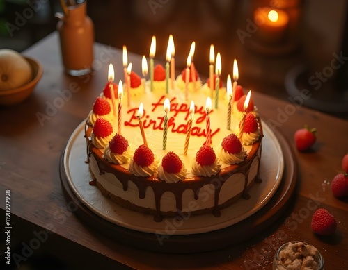 View of above of a colorful kid, blue, pink, cream, pan, milk, chocolate, strawberries birthday cake, with candles, unicorn, glaced sugar, sweets, candies, glasses, balloons, confettis photo