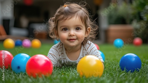 Adorable Toddler Playing with Colorful Balls on Green Lawn