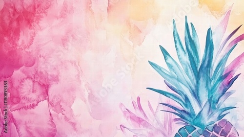 Colorful watercolor pineapple pattern with vibrant pink and yellow background for tropical decor. Generative AI