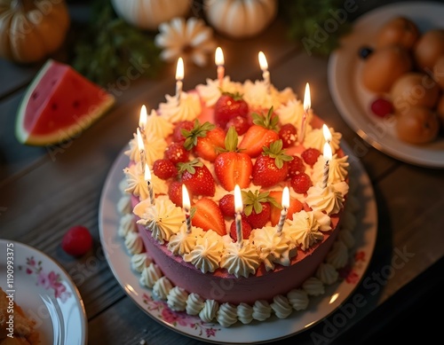 View of above of a colorful kid, blue, pink, cream, pan, milk, chocolate, strawberries birthday cake, with candles, unicorn, glaced sugar, sweets, candies, glasses, balloons, confettis photo