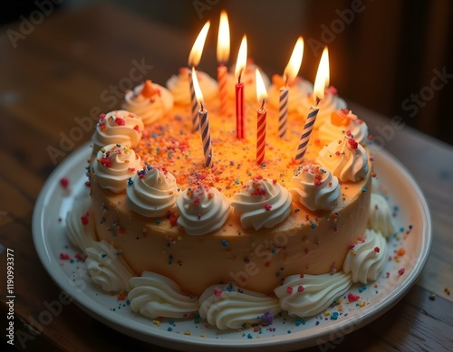 View of above of a colorful kid, blue, pink, cream, pan, milk, chocolate, strawberries birthday cake, with candles, unicorn, glaced sugar, sweets, candies, glasses, balloons, confettis photo