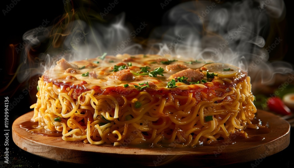 Fototapeta premium A steaming dish of cheesy noodles with chicken and vegetables.