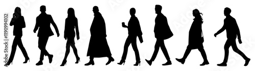Silhouettes of diverse business people walking side view. Modern men, women in smart casual outfits, coat with bag, phone. Vector black monochrome illustrations isolated