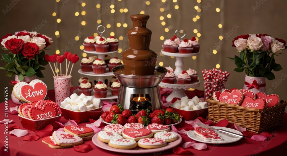 Valentine's Day Feast: A romantic table laden with an array of delightful treats including a decadent chocolate fountain, cupcakes, cookies and fresh strawberries. The table is adorned with roses. Valentine's Day Feast: A romantic table laden with an array of delightful treats including a decadent chocolate fountain, cupcakes, cookies and fresh strawberries. The table is adorned with roses.