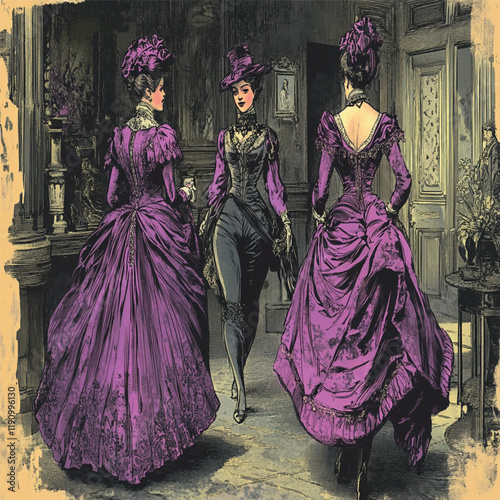 fashion show in times past, three girls in bright lilac outfits demonstrate them in the hall