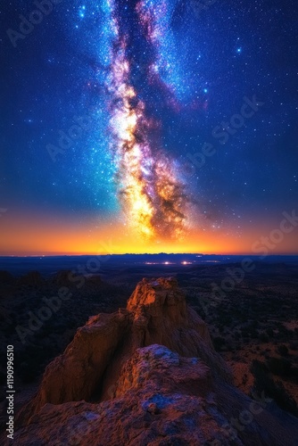 Milky Way over desert, sunset, rock formation.