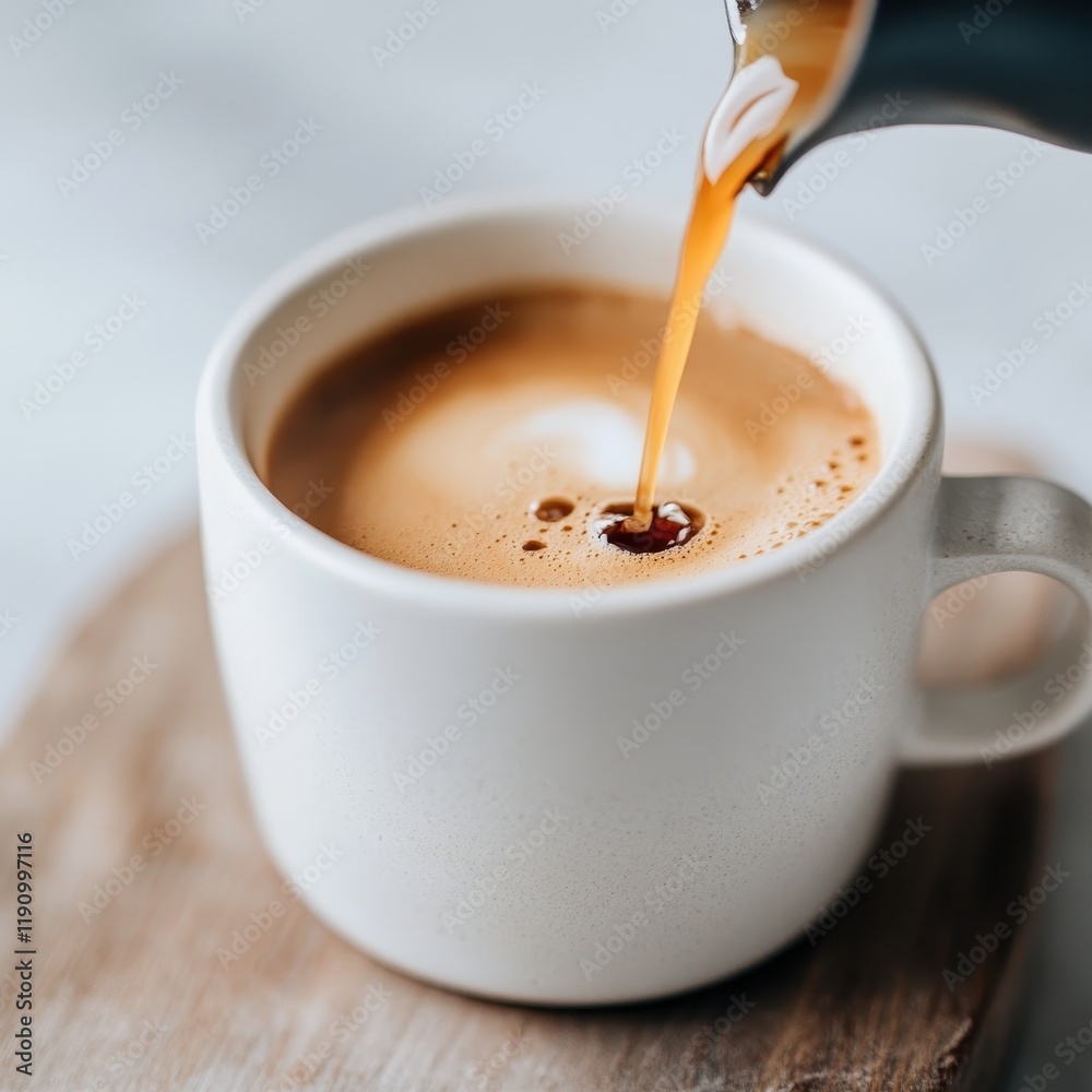 Close-up View of Cream Being Poured into a Fresh Cup of Coffee on Wooden Surface Close-up View of Cream Being Poured into a Fresh Cup of Coffee on Wooden Surface