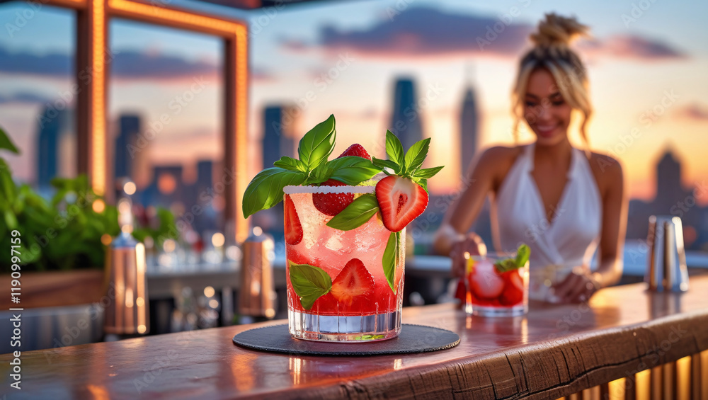 A vibrant summer cocktail with strawberries, basil, and gin on a trendy rooftop bar, set against a cityscape at dusk, with warm lighting and a friendly bartender preparing drinks. A vibrant summer cocktail with strawberries, basil, and gin on a trendy rooftop bar, set against a cityscape at dusk, with warm lighting and a friendly bartender preparing drinks.