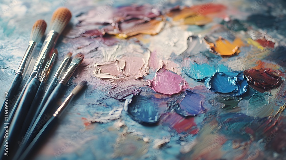 Fototapeta premium Paintbrushes Resting on a Colorful Artist Palette