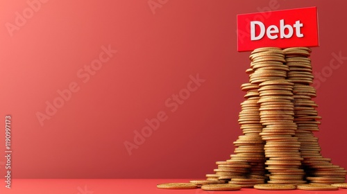 Towering Pile of Coins with Debt Sign
