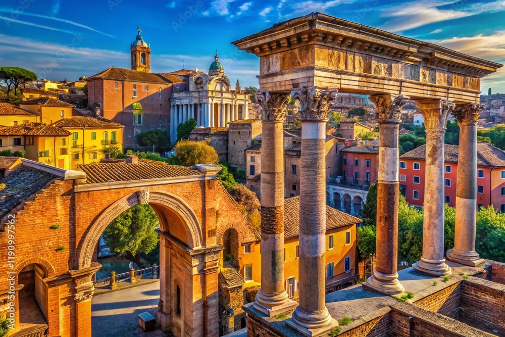 Fototapeta premium Rome's Ancient Portico di Ottavia: Aerial View of Brick Arch and Stone Columns
