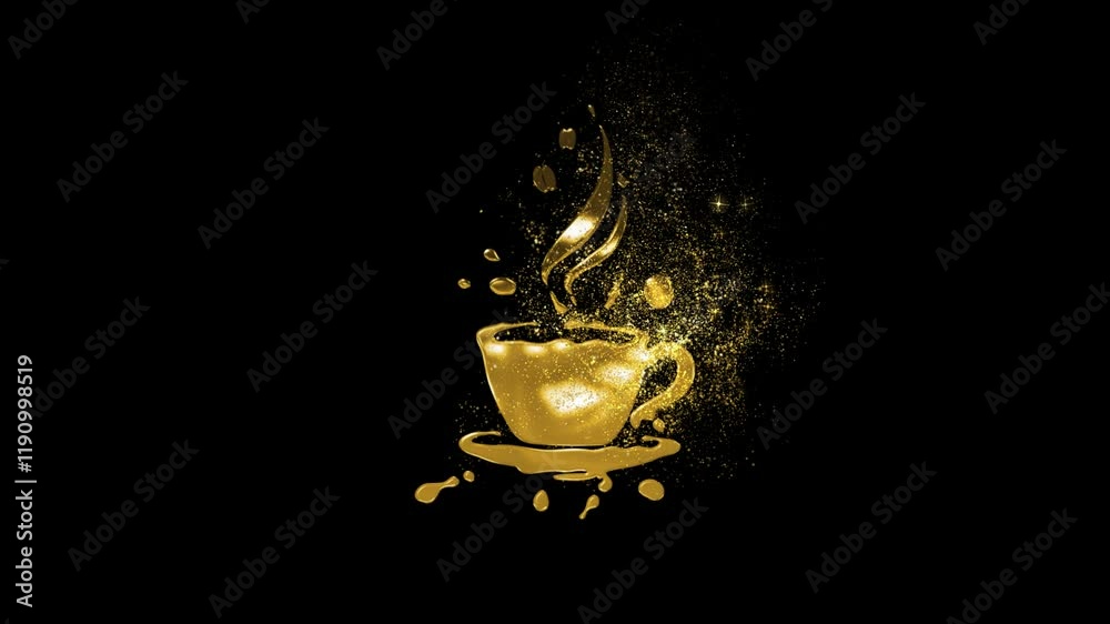 Golden coffee logo with gold particles and alpha channel, coffee cup logo