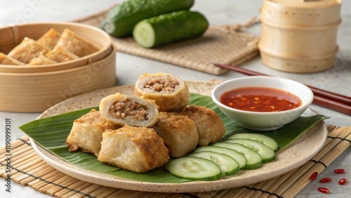 Delicious Ngoh Hiang Platter with Dipping Sauce and Fresh Cucumber photo